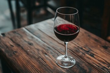 Glass of red wine on wooden table with warm lighting. AI image