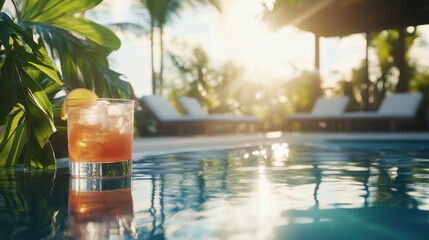 Alcohol consumption at a relaxed poolside bar with cocktails and tropical plants. Featuring leisure and enjoyment