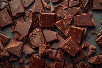 Close-up of broken dark chocolate pieces. AI image