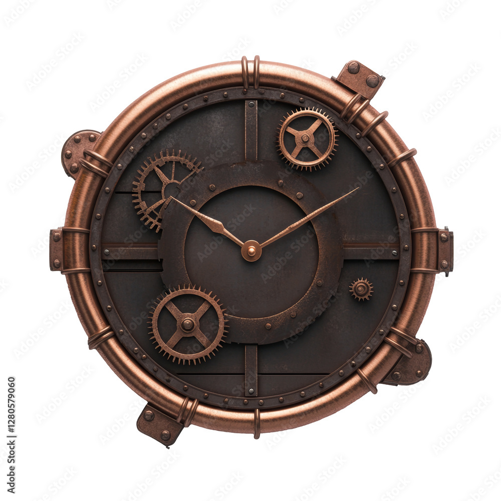 Poster steampunk clock with visible gears and copper circular frame