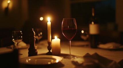 Alcohol consumption at a romantic dinner with red wine and candlelight. Featuring intimacy and romance