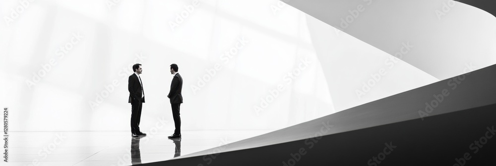 Poster Negotiation between two figures in a minimalist setting with dramatic lighting and elegant lines. Generative AI