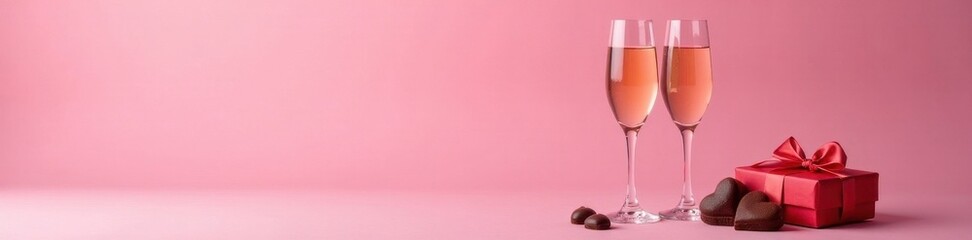 Two champagne glasses, heart-shaped chocolates, wrapped gift, pink backdrop, gift, mockup