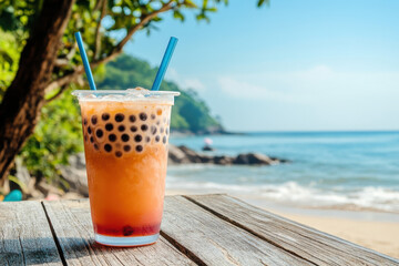 Obraz premium Bubble tea at the beach. Standing on a wooden deck near the strand with copyspace