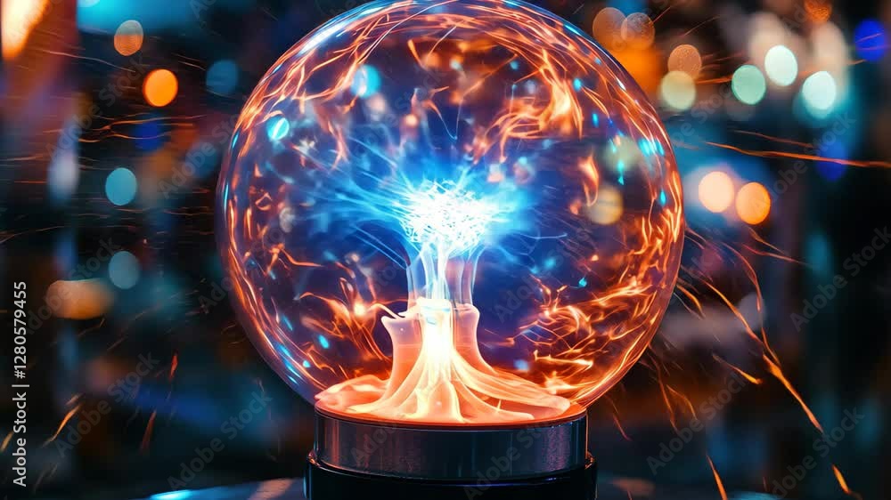 Poster exploring the mesmerizing patterns of electricity in a plasma globe, close up on plasma globe scienc