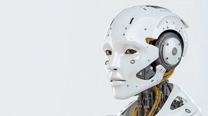 Female robot head, AI, white background, future tech