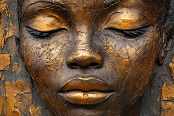 Sculpture face detail. Contemporary artwork, female African features. Woman painted in brown color with gold metallic decorations. Large space for text on canvas