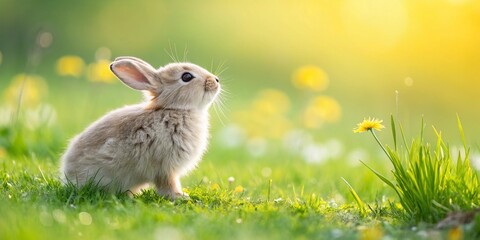 Fototapeta premium A fluffy baby rabbit sitting on green grass with yellow flowers, surrounded by warm sunlight, capturing the essence of spring and Easter joy. 