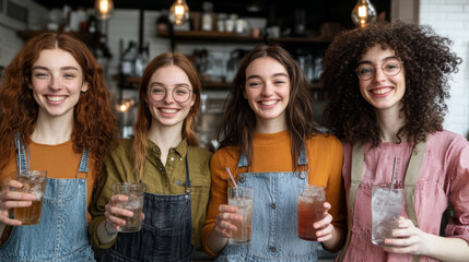Obraz premium Four young women smiling and holding drinks in cozy cafe setting, showcasing friendship and joy