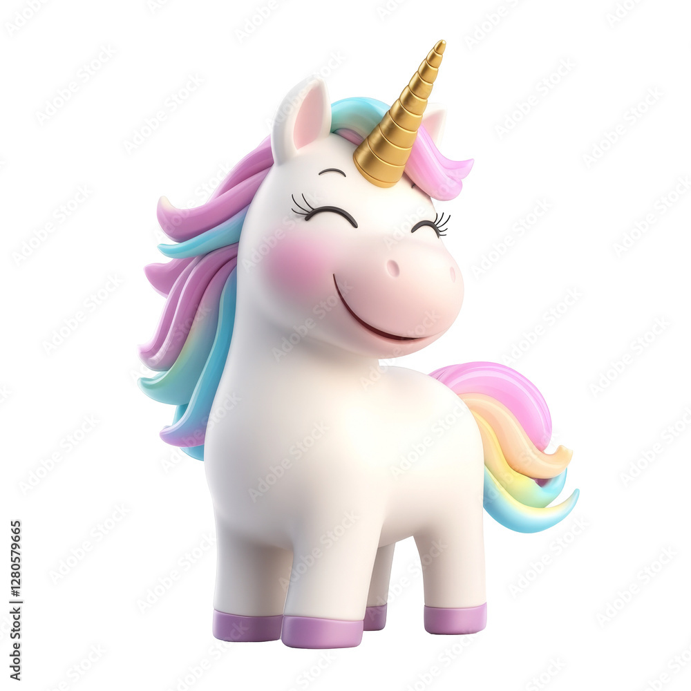 Poster smiling cartoon unicorn with colorful mane and golden horn displaying joyful expression