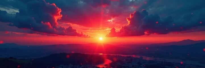 Fototapeta premium Fiery red and blue sunrise, noisy grain effect, effect, grain