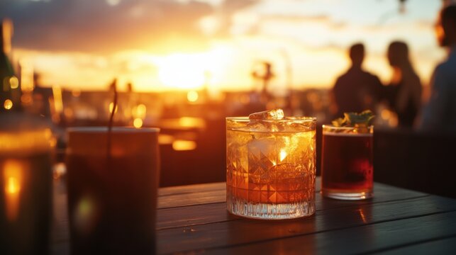 Alcohol consumption at a rooftop bar with cocktails and sunset views. Featuring luxury and leisure