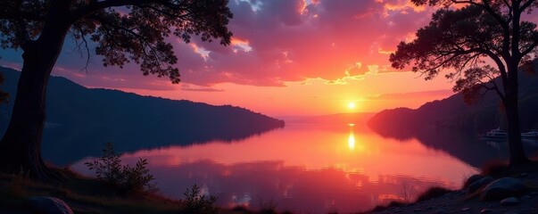 Silhouetted trees frame a breathtaking sunset over a tranquil lake, twilight, dark, summer