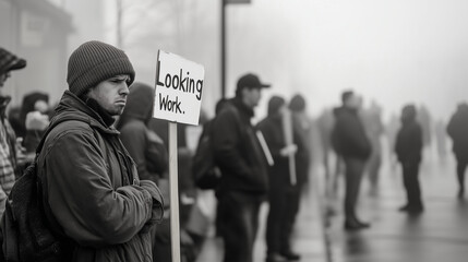 A long line of unemployed workers standing outside a government job office, some holding signs that read "Looking for Work."