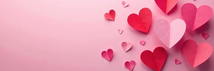 Soft pink backdrop adorned with layered paper hearts in varying shades of pink and red ,  hearts,  invitation,  cute