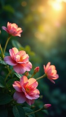 Soft lamplight on blooming flowers, lush foliage , tranquil, design
