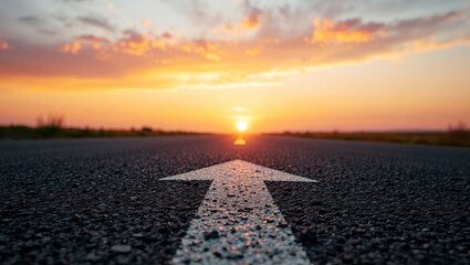 Road Arrow Leading to Horizon at Sunset – Forward Journey Concept