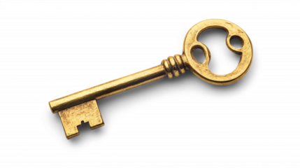 Antique brass skeleton key with ornate design on transparent background