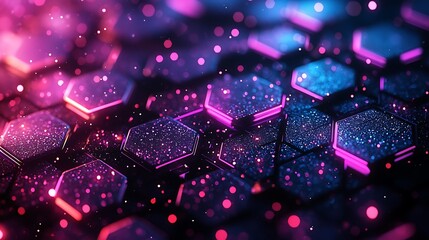 Fototapeta premium Abstract hexagonal pattern, vibrant glowing, digital art, particles background