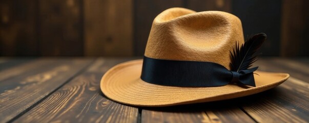 Tan straw fedora, black feather accent Black grosgrain ribbon , close up, sunhat