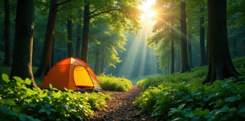 Sun-drenched forest clearing, tent nestled amongst vibrant green foliage , viewpoint, exploration, escape
