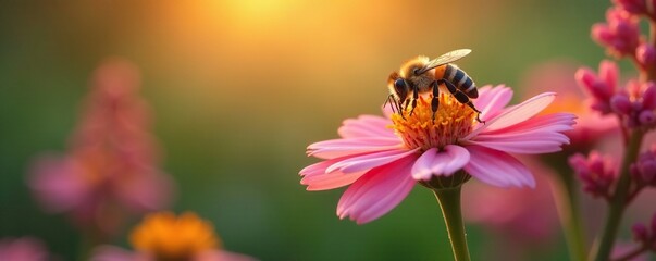 Tiny bee collecting nectar from spirea flowers at dawn, morning, flowerbed, nectar