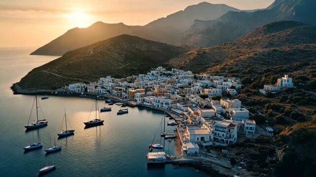 Discovering the beauty of Milos Adamas port town at sunset, Greek island Milos Adamas port town aerial landscape