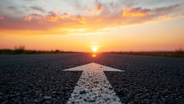 Road Arrow Leading to Horizon at Sunset – Forward Journey Concept