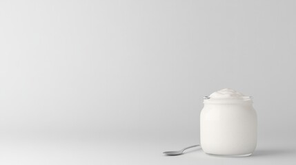 Creamy yogurt in glass jar with spoon, minimalist setting enhanc