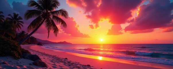 Vibrant sunset over sandy beach, calm sea, palm trees silhouette, illustration, calm