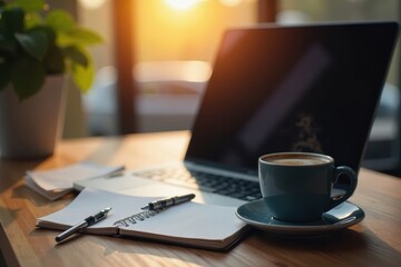Warm coffee, open laptop, pen & notepad on wood grain desk, office, work