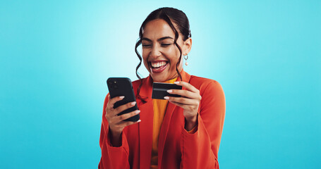 Happy woman, phone and credit card in studio for success, lottery winner and excited for victory....