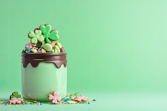 St. Patrick's Day Festive Drink Jar with Cookies & Sprinkles on Mint Green Background - Powered by Adobe