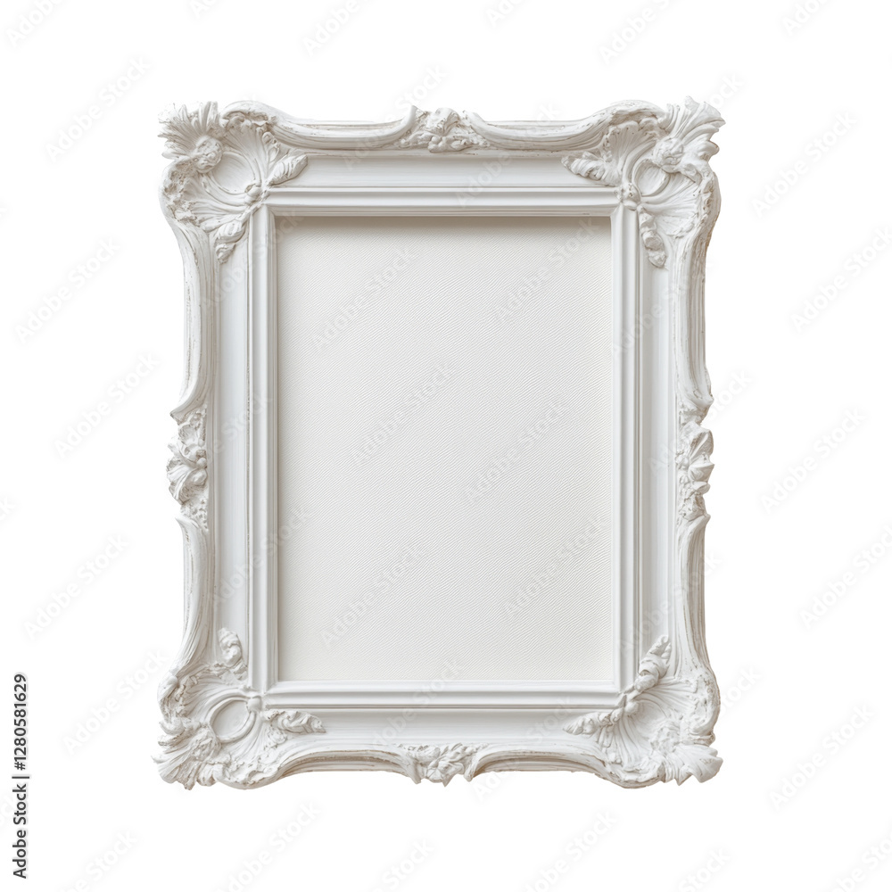 Poster ornate white picture frame with decorative floral patterns in a classic rectangular shape