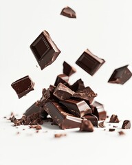Falling dark chocolate pieces on white background