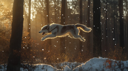 Obraz premium Siberian Husky Leaping Through a Snowy Winter Forest – Dynamic Action Shot