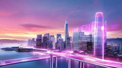 Cyber-enhanced San Francisco skyline with neon holographic financial charts, smart infrastructure data, and AI-driven city management overlays.