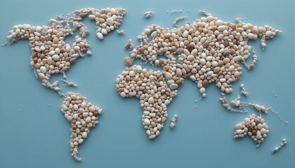 A meticulously crafted world map made entirely of small, smooth pebbles in various shades of beige and white