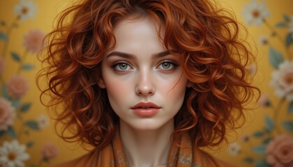 Fototapeta premium A striking young woman gazes directly at the viewer, her radiant curly red hair contrasting beautifully against the bright floral background. Soft light accentuates her features