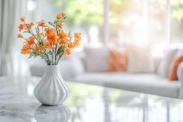 Orange flowers in white vase on marble table. (1)