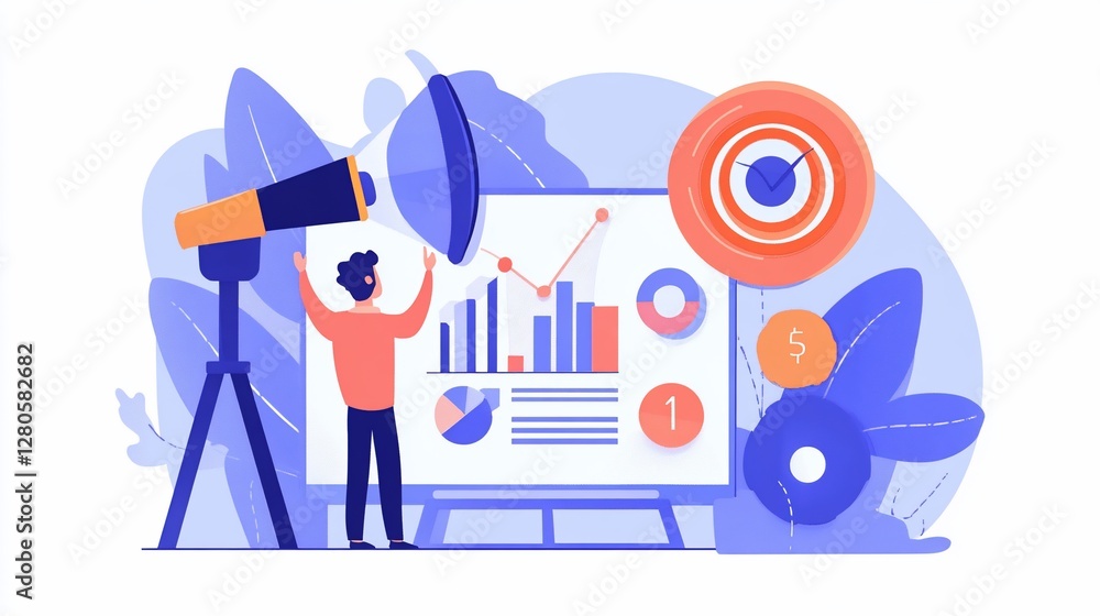 Poster business analysis and growth visualization with graph and target success in the vector illustration