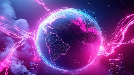 Obraz premium Dynamic 3D globe with bright glowing communication lines, showing an interconnected world with high-speed data exchange over a futuristic interface.