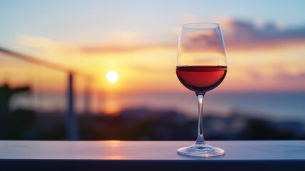 Alcohol consumption at a rooftop lounge with wine and sunset views. Featuring sophistication and relaxation