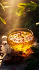 A glowing saffron-infused broth in a glass jar served on a stump in the middle of nature with vibrant sunlight going through leaves and making beautiful reflections