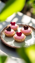 Strawberry mousse tartlets with pink cream and heart shaped chocolate decor. Served on a tray shot through green leaves on a sunny day with contrast shadows.