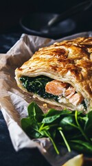 A savory salmon and spinach pie with flaky crust served on a parchment paper