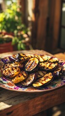 Grilled eggplant, zucchini, charred golden-brown, served on a vibrant colorful patterned plate with rustic spices.