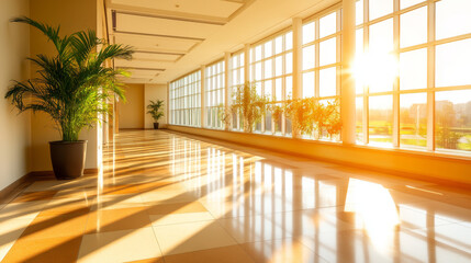 Obraz premium Bright hallway with large windows and plants, showcasing sunlight reflections on floor, creating warm and inviting atmosphere