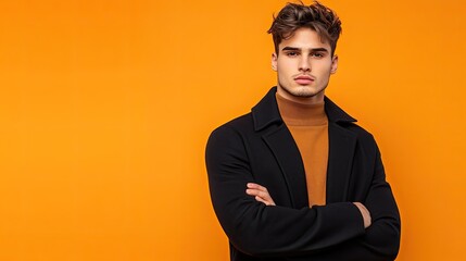 Obraz premium Fashion-forward young man in a stylish autumn look--black coat, brown sweater--posing effortlessly against a vivid orange background.