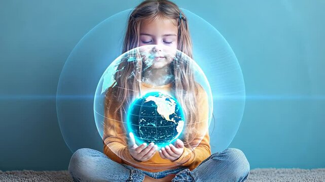 Young girl meditating with holographic earth in hands against blue background